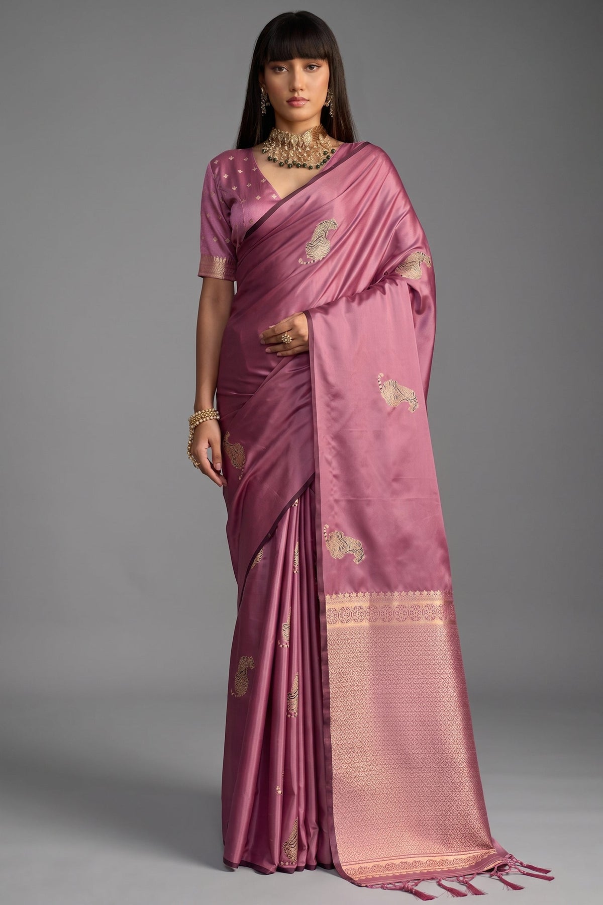 Pastel Lavender Lilac Satin Silk Saree with Metallic Tiger Weaves And Geometric Zari Border