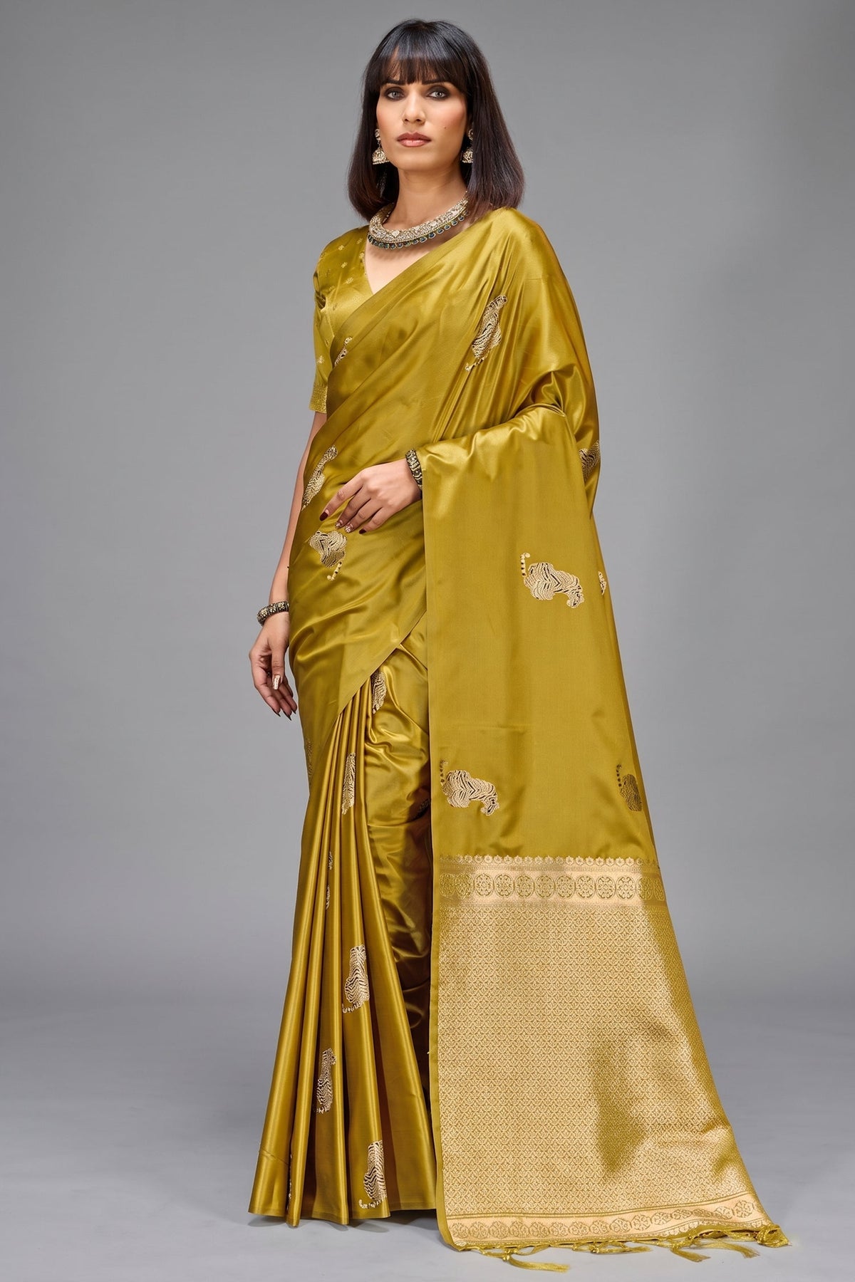 Muted Sage Green Satin Silk Saree with Metallic Tiger Weaves And Geometric Zari Border Main image