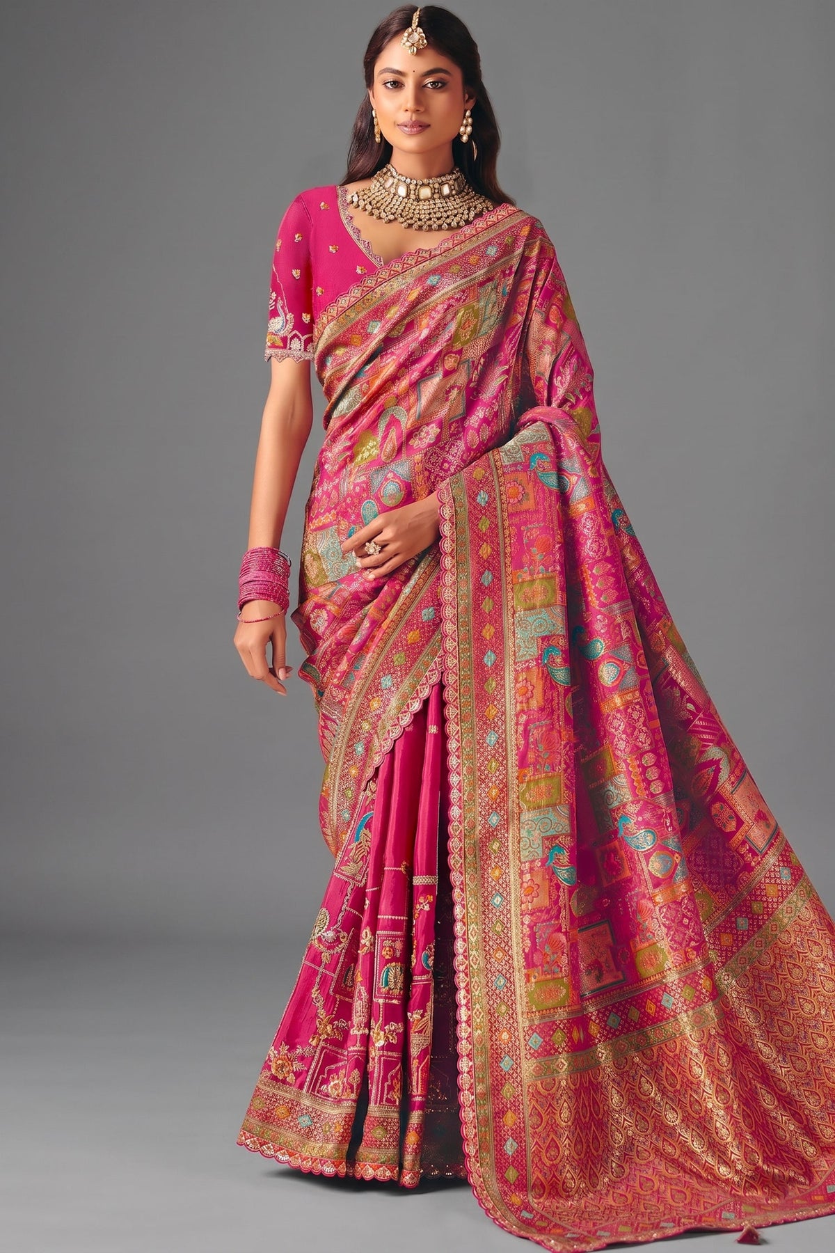 Radiant Fuchsia Pink Dola Silk Saree with Thread Embroidery & Cutwork Lace Main image