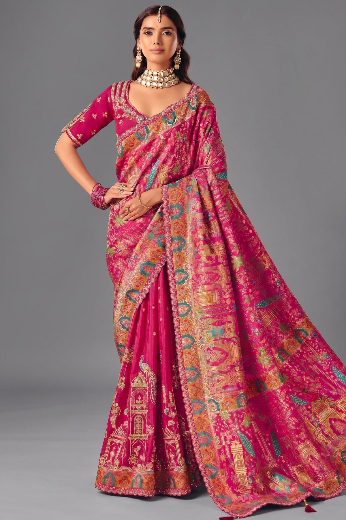 Majestic Rani Pink Dola Silk Saree Handcrafted with Heavy Traditional Embroidery Main image