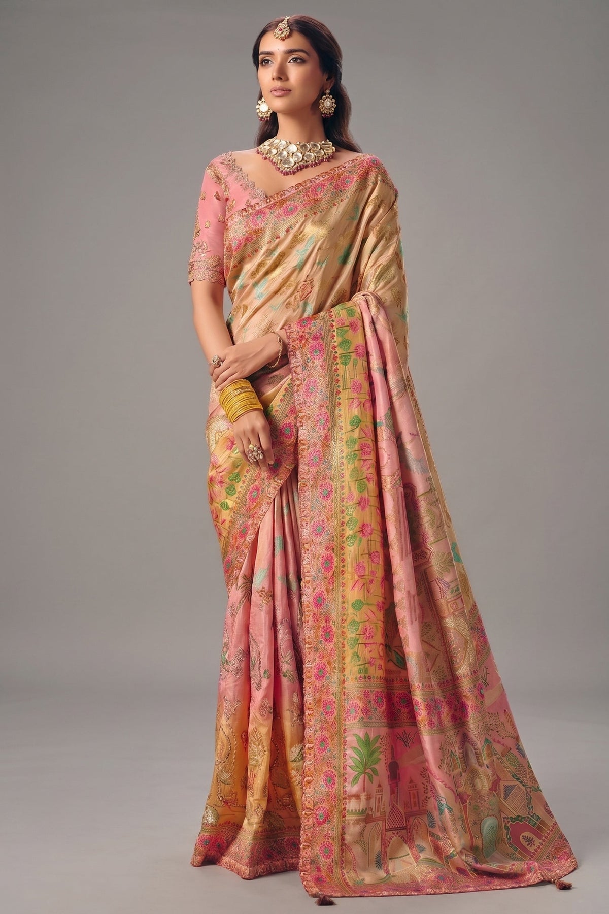Champagne Peach Dola Silk Saree Detailed with Delicate Pastel Threadwork Main image