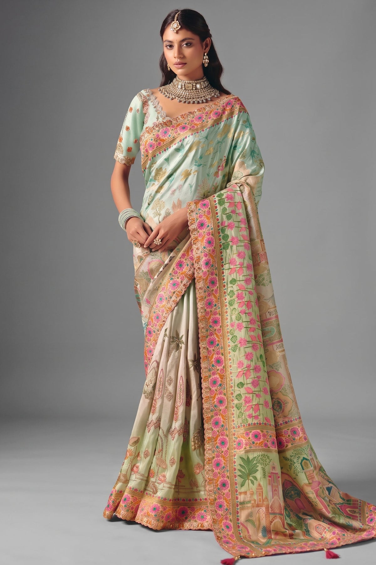 Mint Green Dola Silk Saree Highlighted with Heavy Cutwork Lace Main image