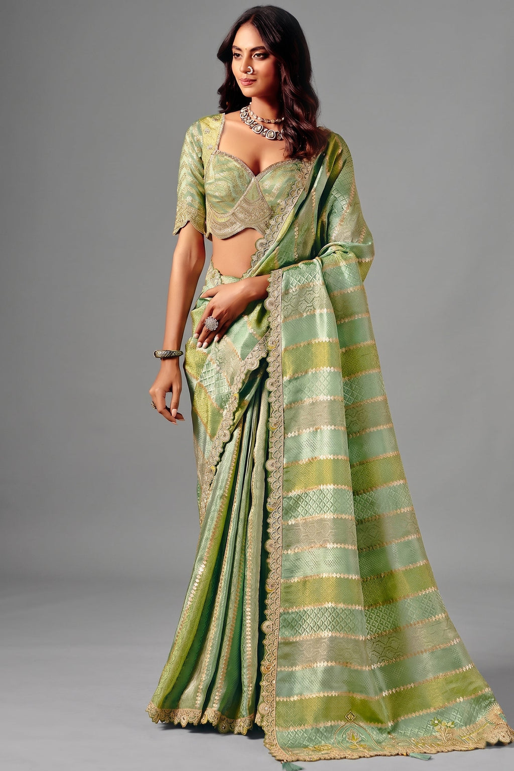 Seafoam Mint Striped Two Tone Jacquard Silk Saree with Showcasing Metallic Weaving