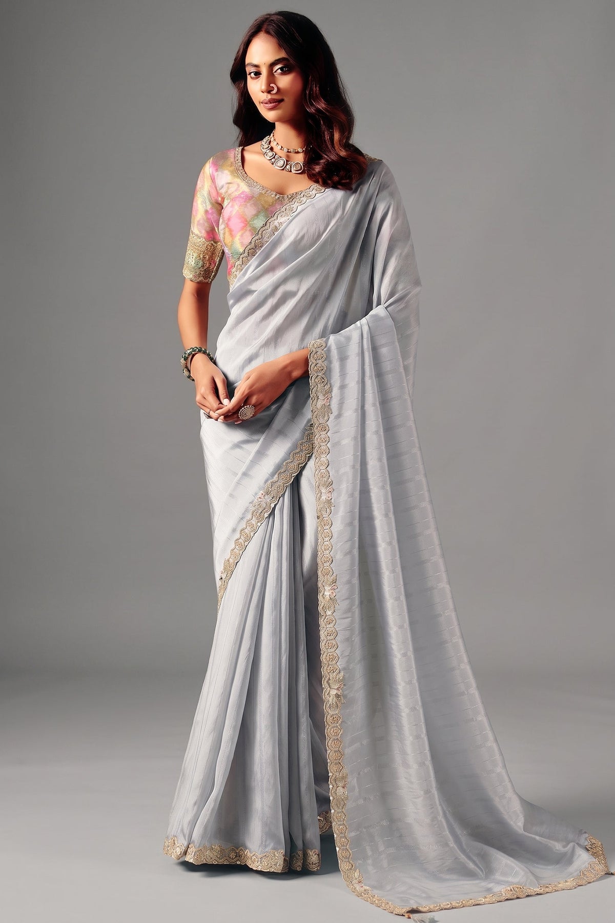 Ice Silver Grey Striped Smooth Zari Silk Saree with Embroidered Border