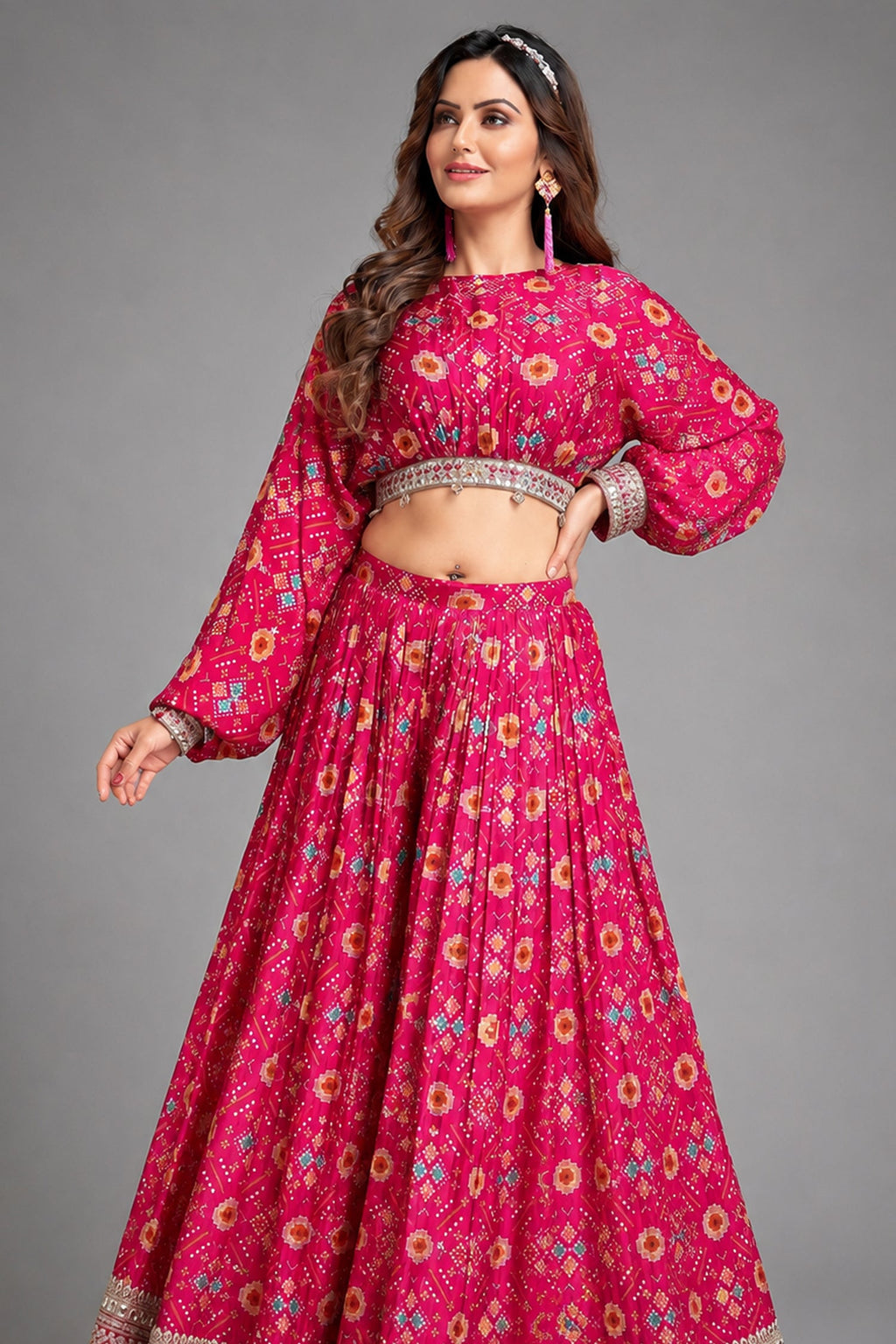 Pink Chinon Digital Printed Crop Top Palazzo Set
