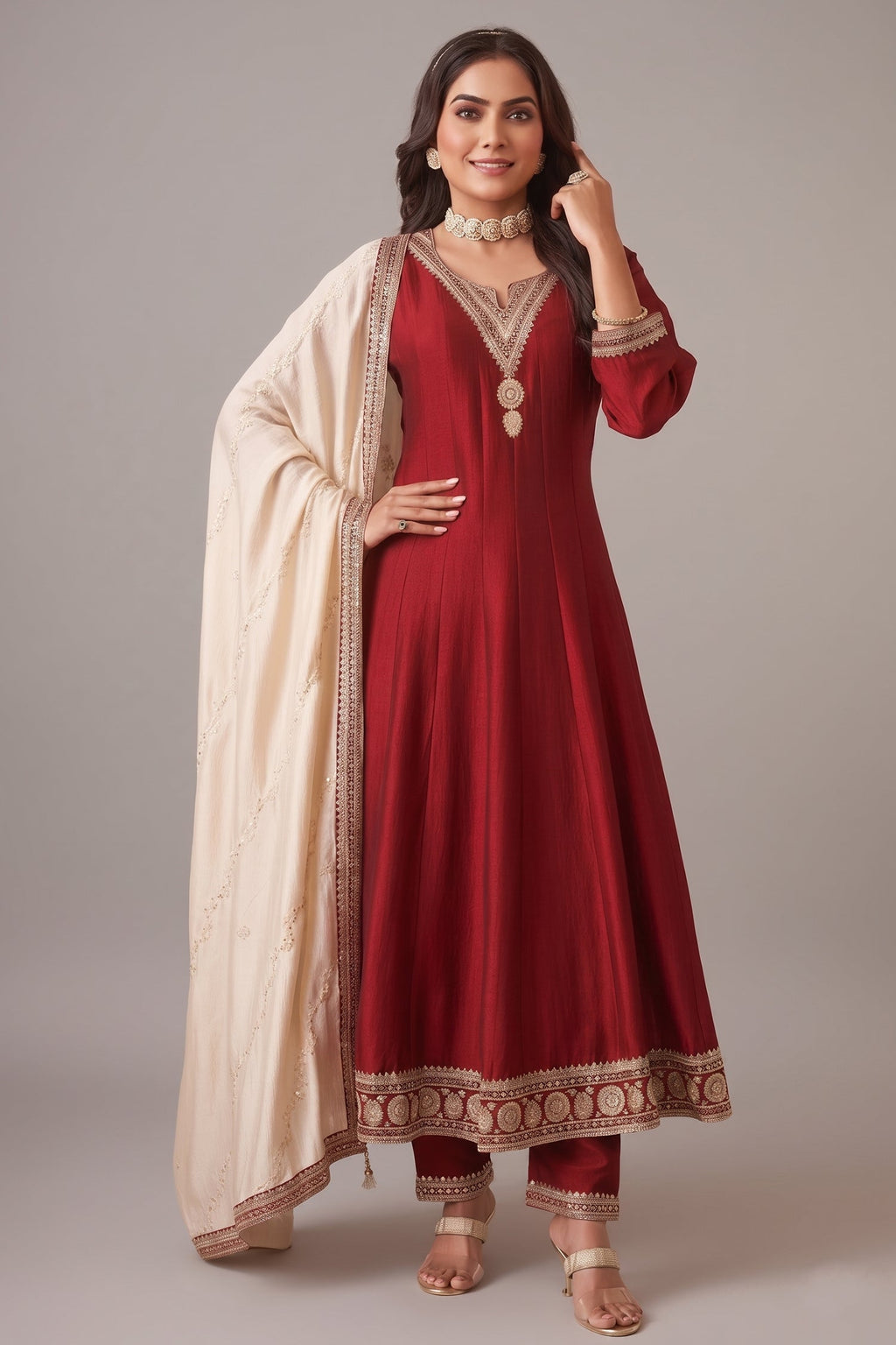 Maroon Art Silk Anarkali Suit with Sequin Embroidery work - maroon silk saree embroidery