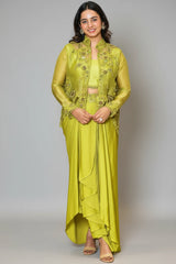 Olive Green Raw Silk Designer Heavy Worked Crop Top Jacket with Pleated Dhoti Skirt