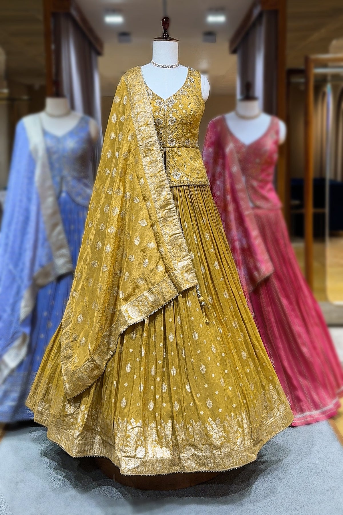 Mustard Chinon Embellished Sequin Cutdana Worked Slit Cut Peplum Top with Lehenga