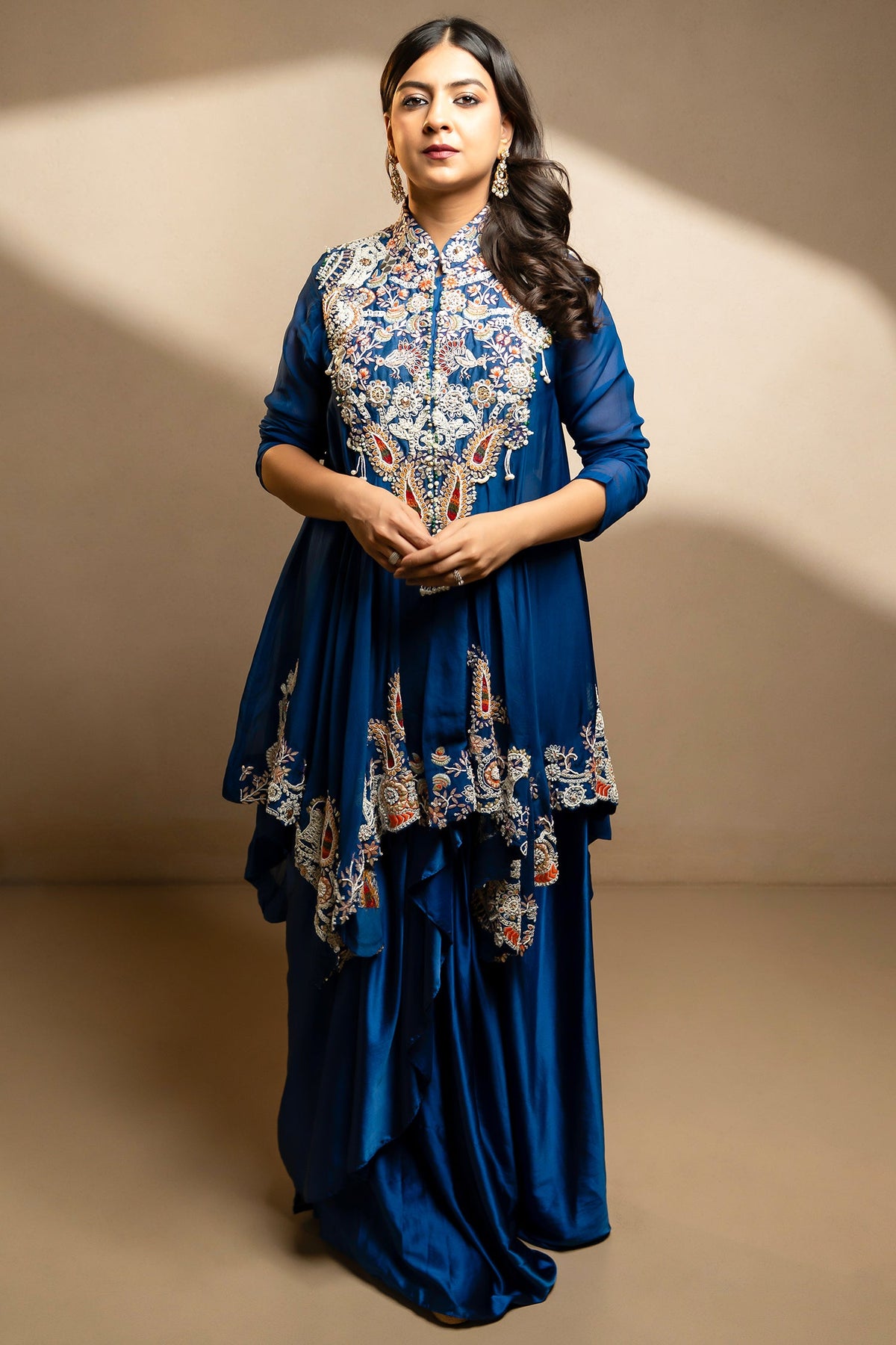 Blue Organza Handworked Bodice Asymmetrical Skirt Set