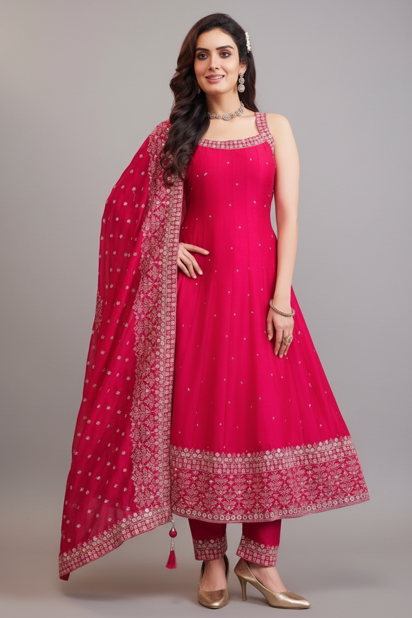 Pink Art Silk Sequin Embroidered Suit - red silk saree embroidered