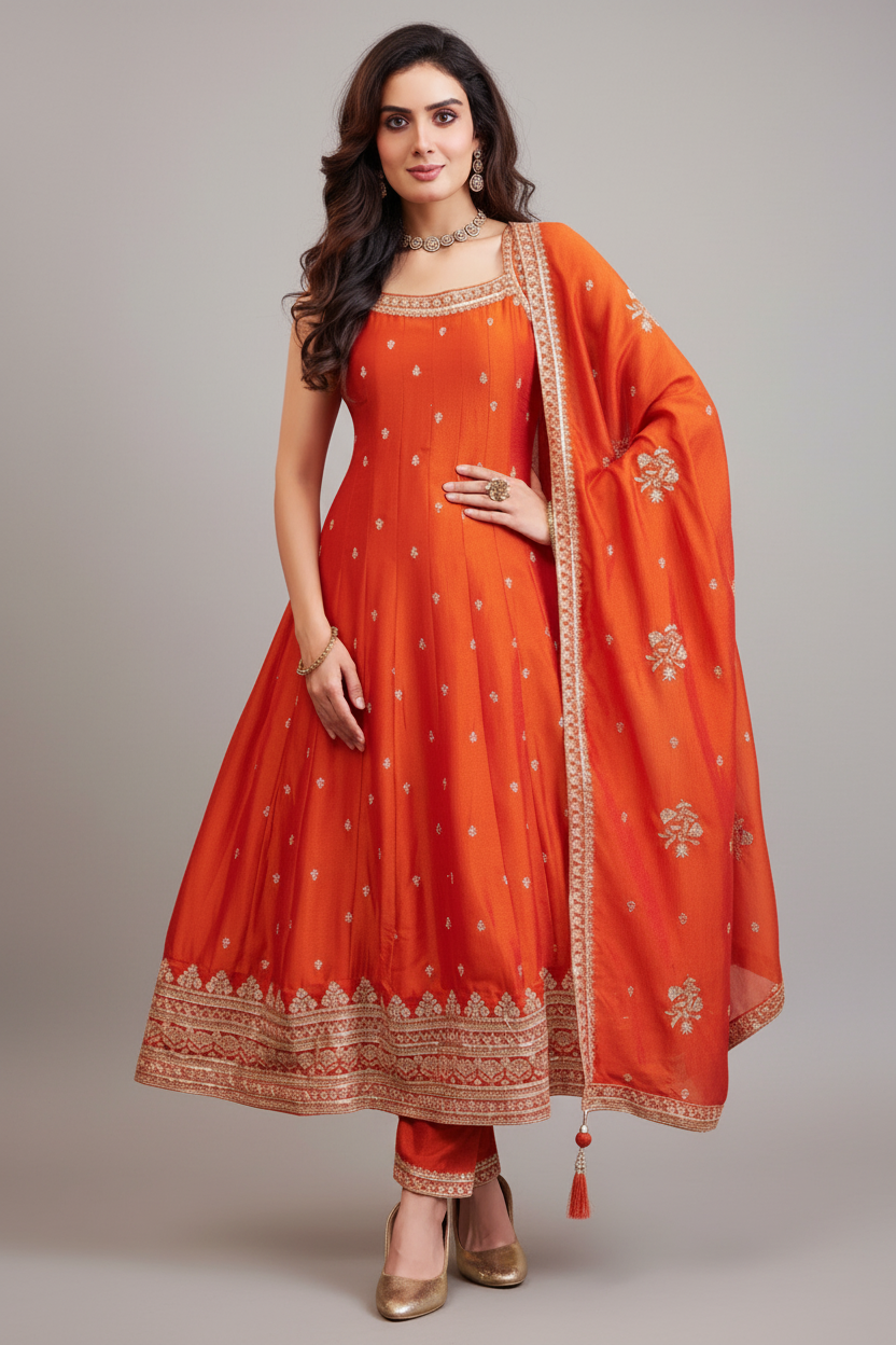 Orange Art Silk Sequin Embroidered Suit - red silk saree embroidered