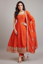 Orange Art Silk Sequin Embroidered Suit - red silk saree embroidered