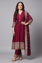 Dark Maroon Art Silk Sequin Embroidered Anarkali Suit - red silk saree embroidered
