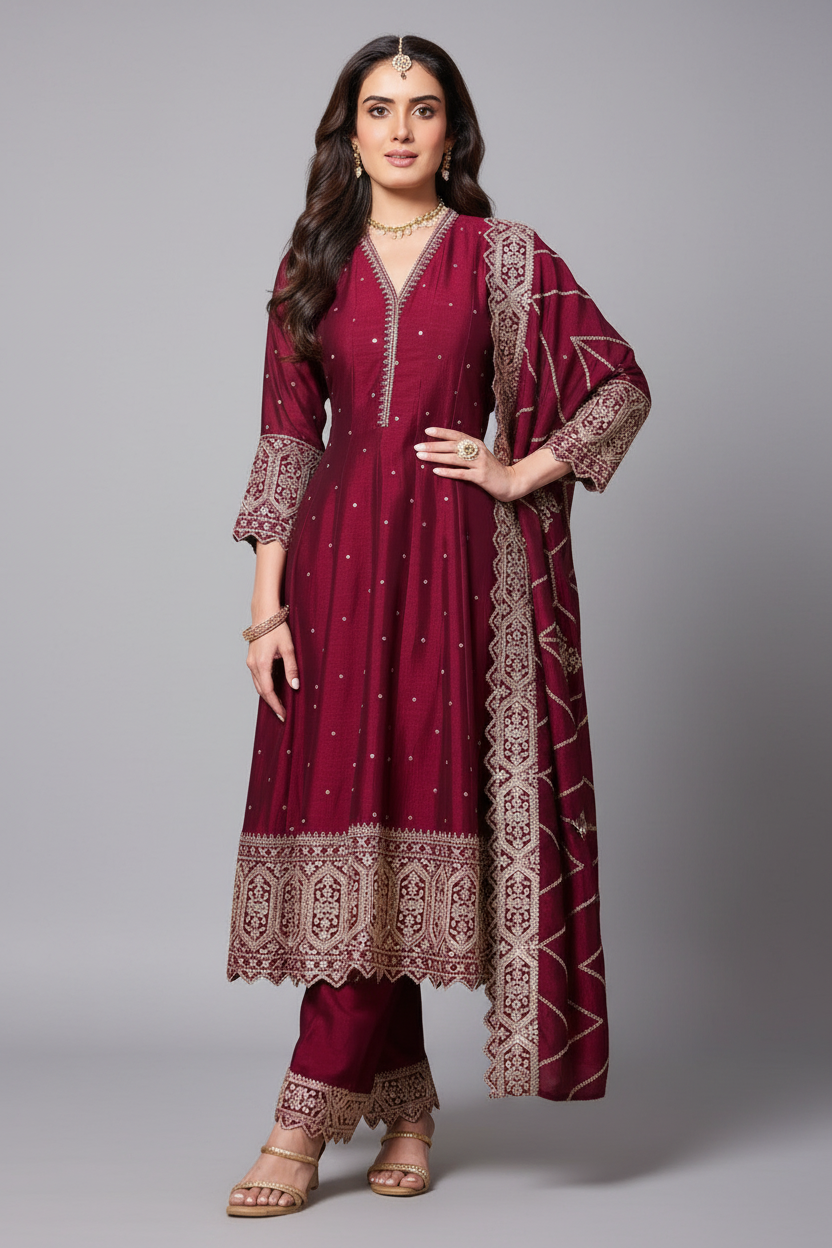 Dark Maroon Art Silk Sequin Embroidered Anarkali Suit - red silk saree embroidered