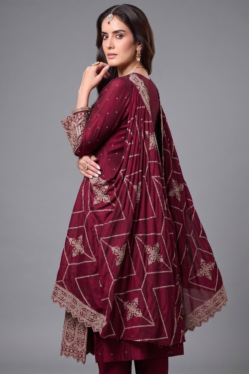 Dark Maroon Art Silk Sequin Embroidered Anarkali Suit - red silk saree embroidered