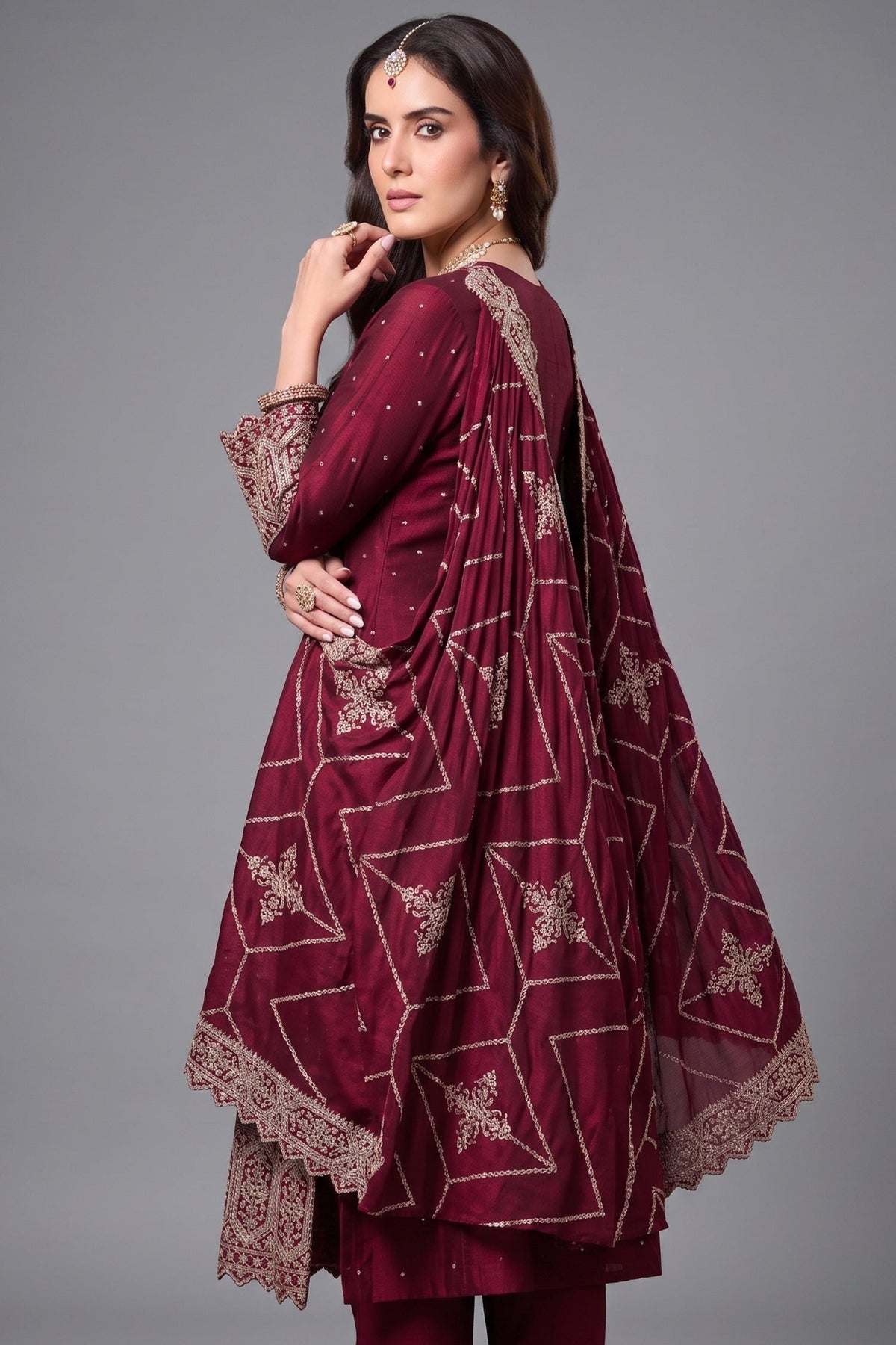 Dark Maroon Art Silk Sequin Embroidered Anarkali Suit - red silk saree embroidered