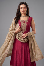 Carrot Pink Art Silk Anarkali Suit with Sequin Embroidery Work - pink silk saree embroidery