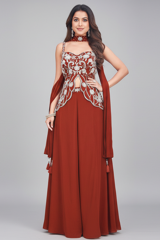 Maroon Crepe Silk Sequinned Slit Cut Palazzo Suit - maroon silk saree
