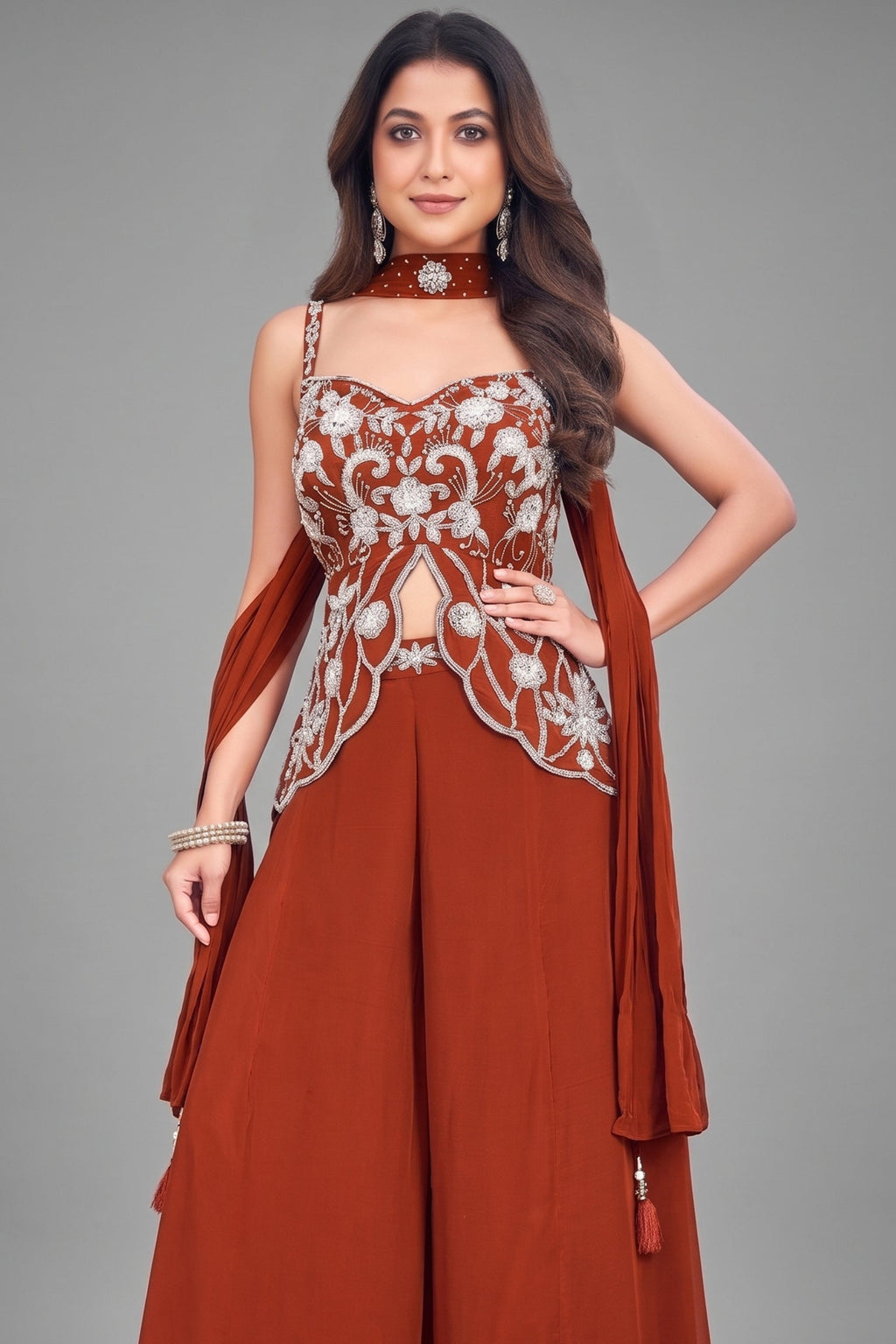 Maroon Crepe Silk Sequinned Slit Cut Palazzo Suit - maroon silk saree