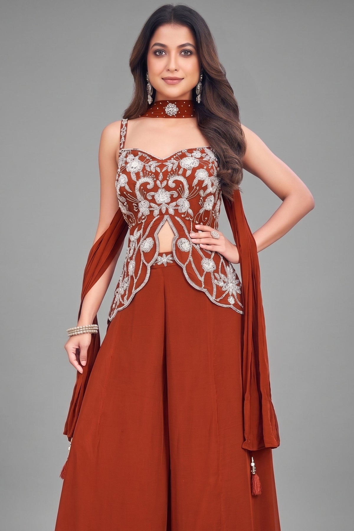 Maroon Crepe Silk Sequinned Slit Cut Palazzo Suit - maroon silk saree