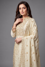 Cream Art Silk Sequins Embroidered Straight Cut Suit - red silk saree embroidered