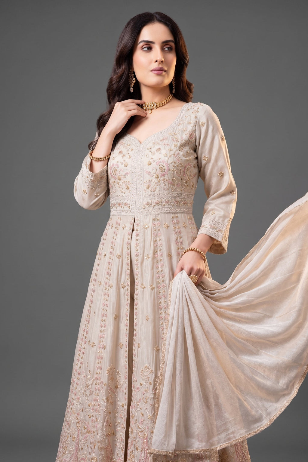 Cream Chinon Slit Cut Sequin Beaded Suit - cream saree