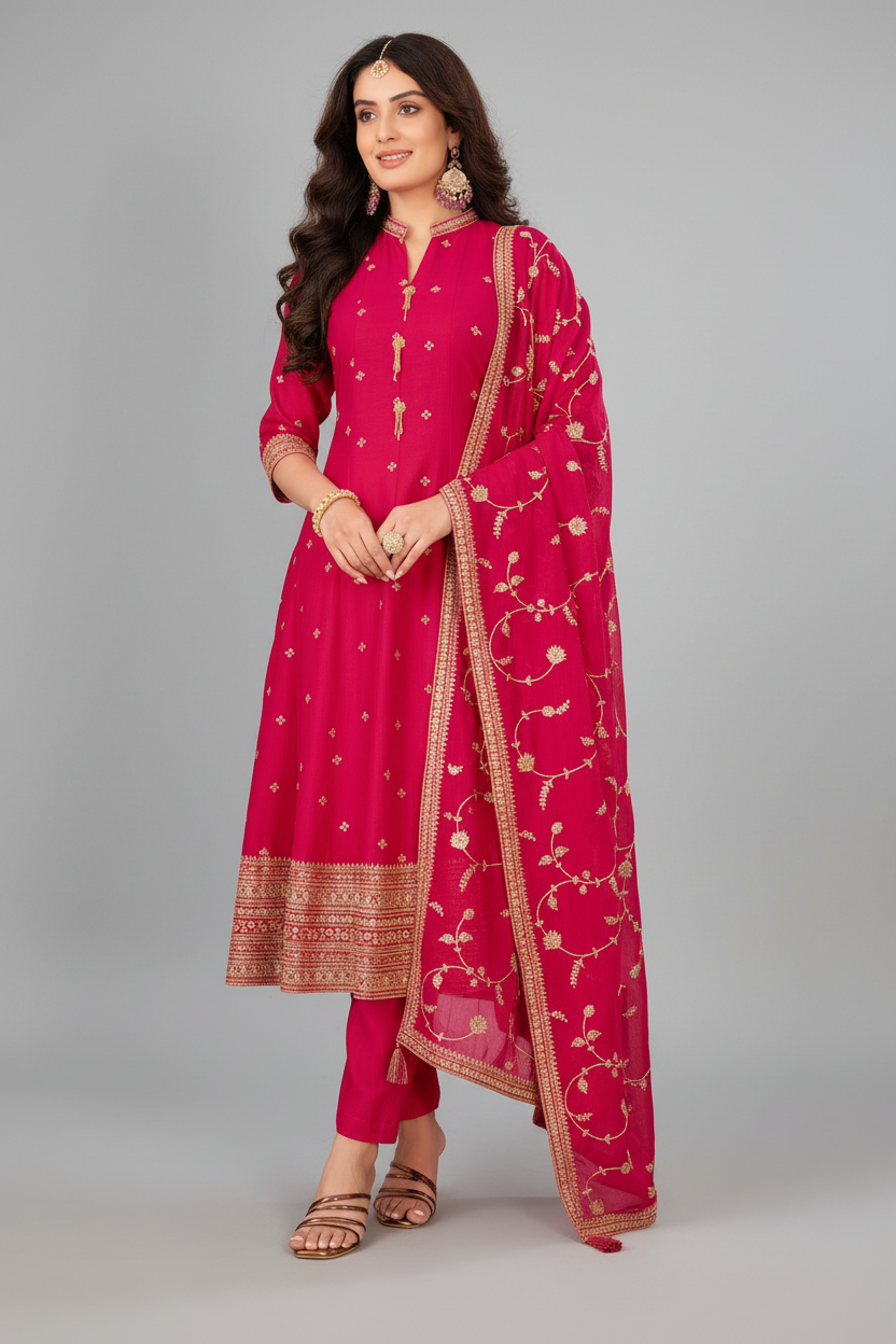 Pink Art Silk Sequins Embroidered Anarkali Suit - red silk saree embroidered Main image