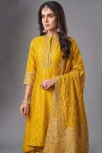 Yellow Art Silk High and Low Sequin Mirror Worked Suit - yellow silk saree