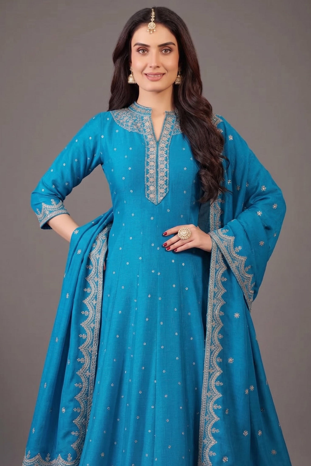Sky Blue Art Silk Sequin Embroidery Worked Anarkali Suit - blue silk saree embroidery