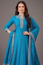 Sky Blue Art Silk Sequin Embroidery Worked Anarkali Suit - blue silk saree embroidery