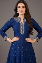 Navy Blue Art Silk Sequin Embroidery Worked Anarkali Suit - blue silk saree embroidery