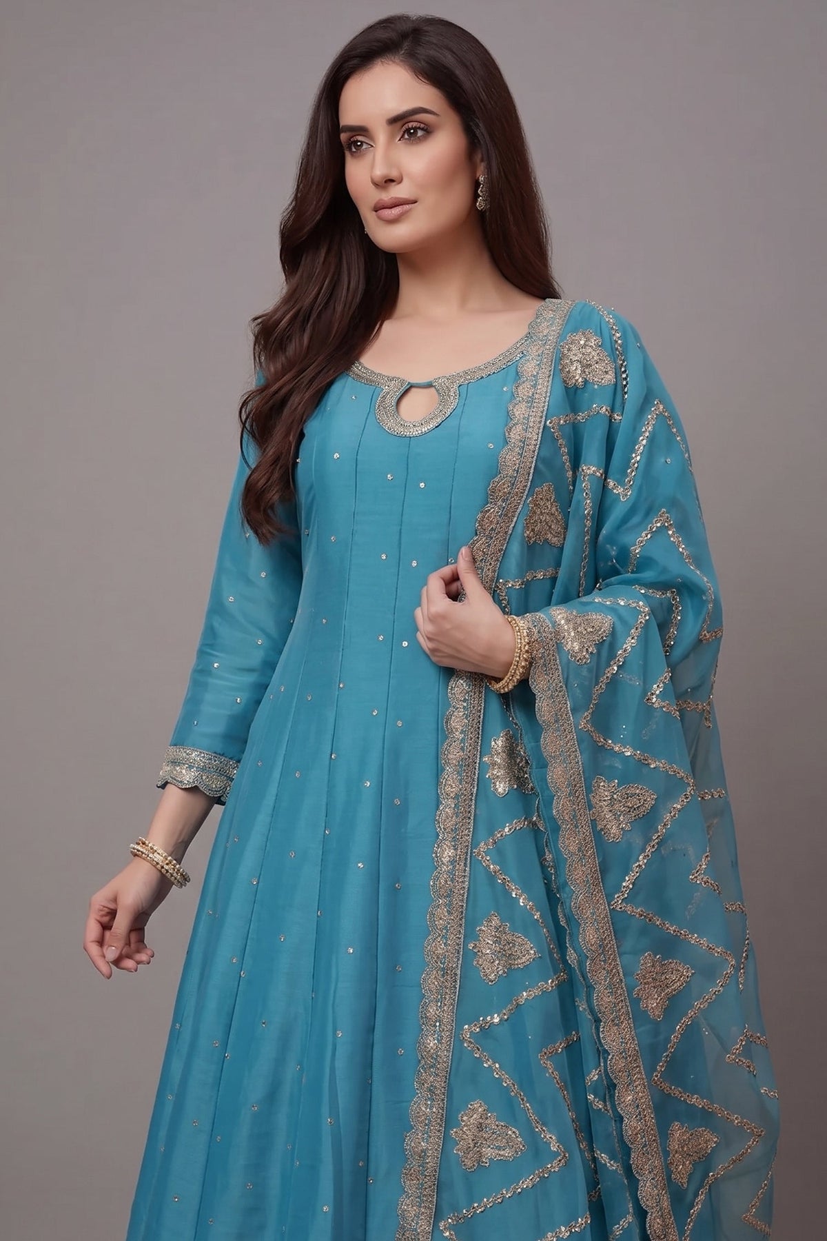 Sky Blue Art Silk Embroidered Anarkali Palazzo Suit - red silk saree embroidered