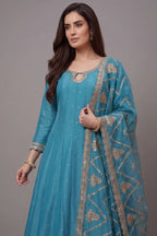 Sky Blue Art Silk Embroidered Anarkali Palazzo Suit - red silk saree embroidered
