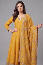 Yellow Art Silk Embroidered Anarkali Palazzo Suit - red silk saree embroidered