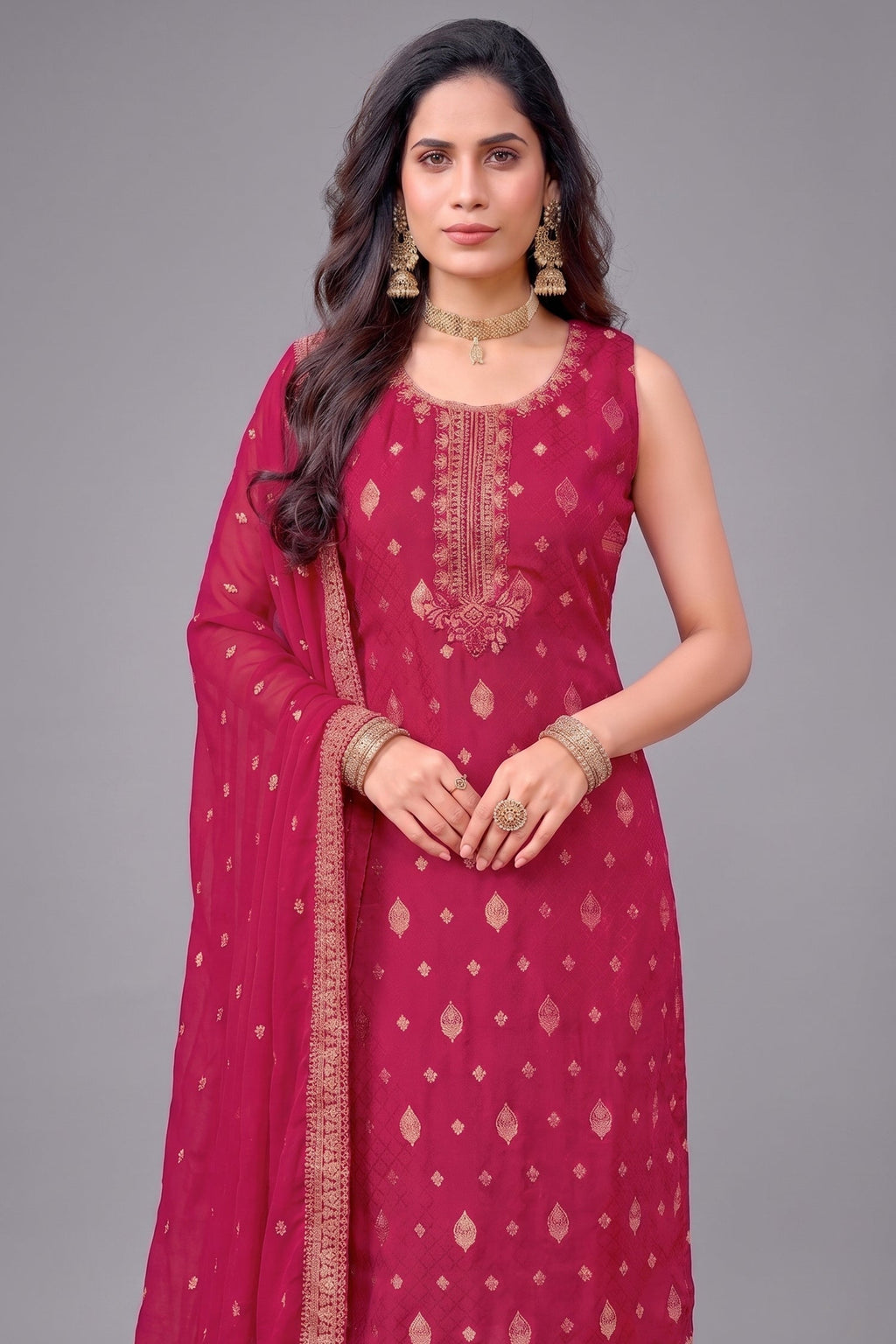 Close up of Rani Pink Art Silk Kurta showing Fine Weaving and Embroidery Details