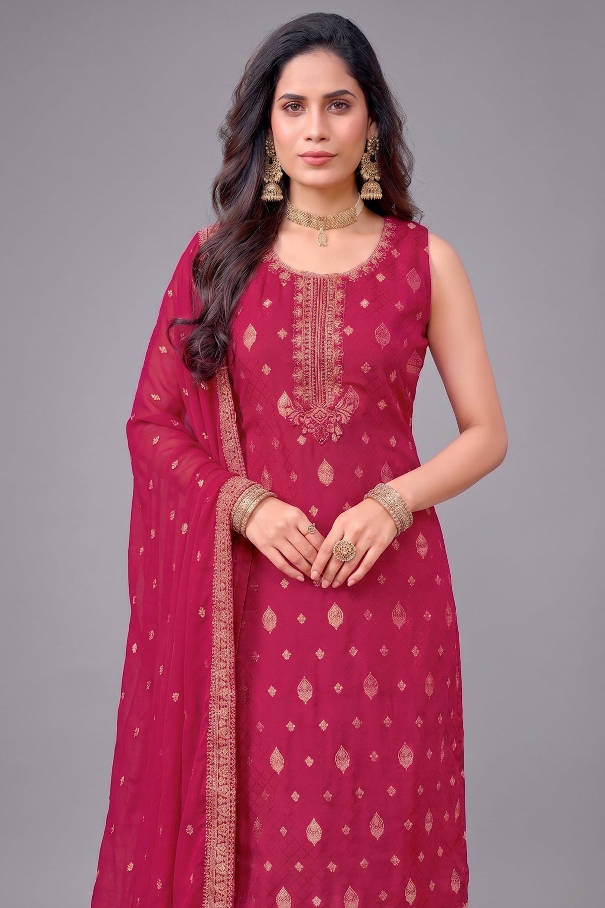 Close up of Rani Pink Art Silk Kurta showing Fine Weaving and Embroidery Details