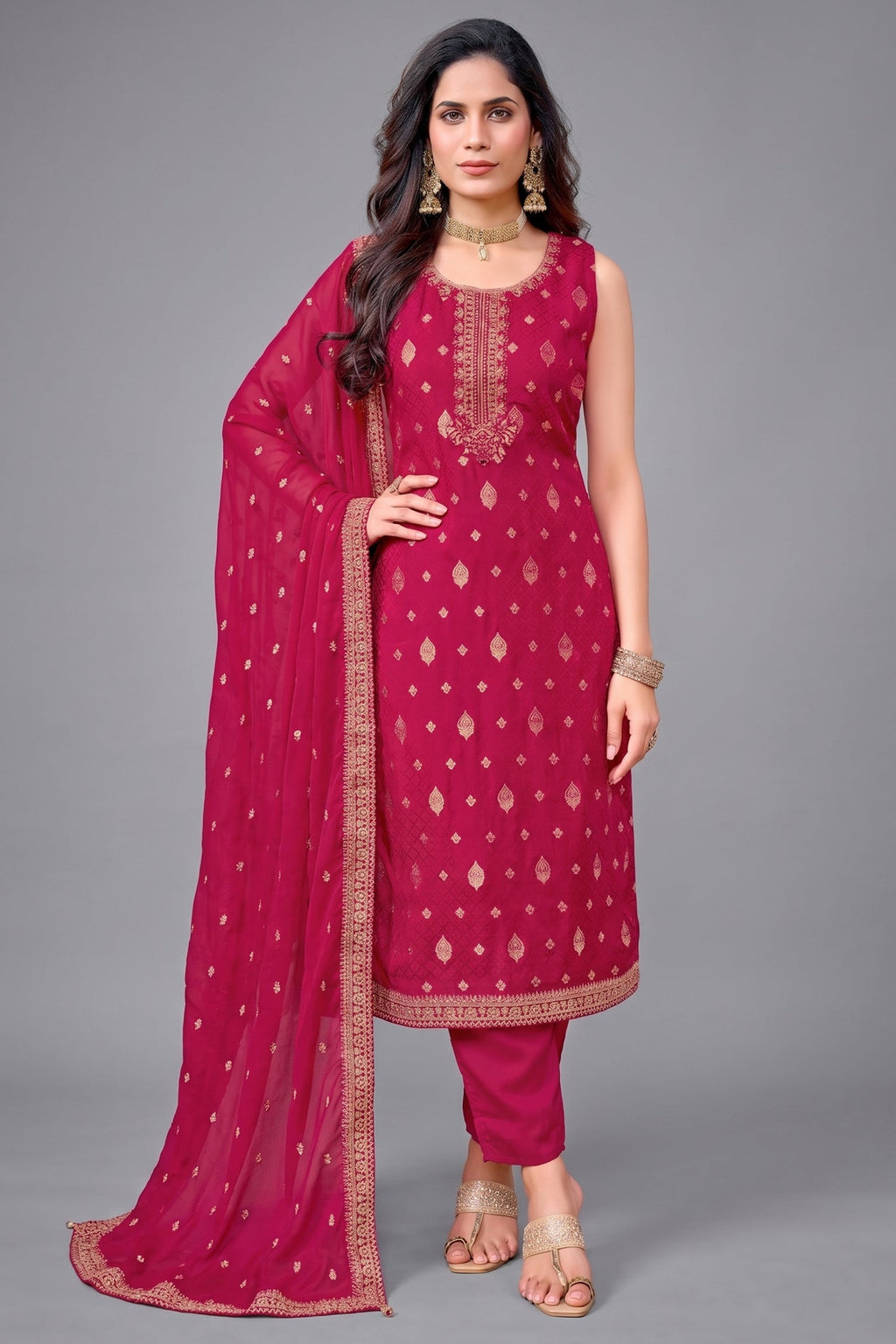 Rani Pink Art Silk Woven Straight Cut Suit with Intricate Neckline Embroidery