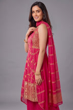 Close up of Rani Pink Chinon Silk Kurta showing High Low Hemline Details