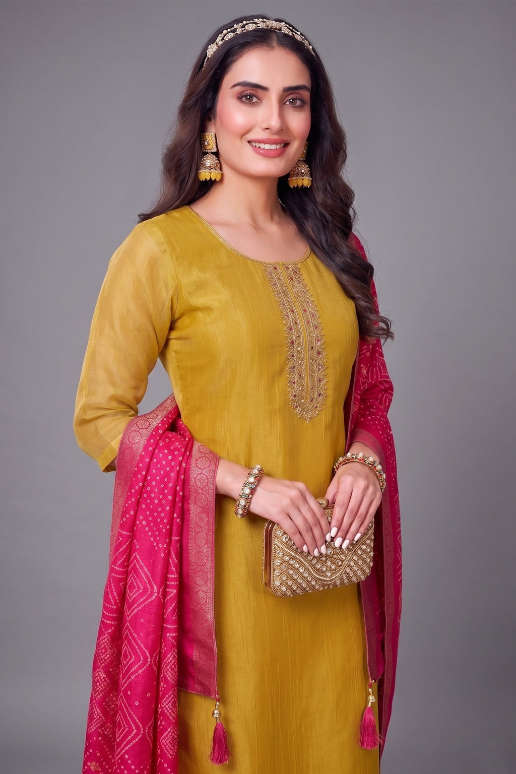 Close up of Mustard Yellow Tissue Silk Kurta Fabric showing Intricate Details