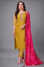 Mustard Yellow Tissue Silk Straight Cut Suit with Elegant Embroidered Neckline