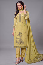 Green Tissue Jacquard Woven Straight Cut Suit with Geometric Pattern Neckline