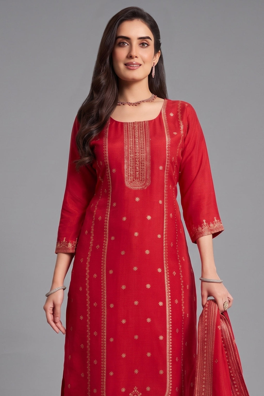 Close up of Pink Art Silk Kurta showing Detailed Damask Style Border at the Hem