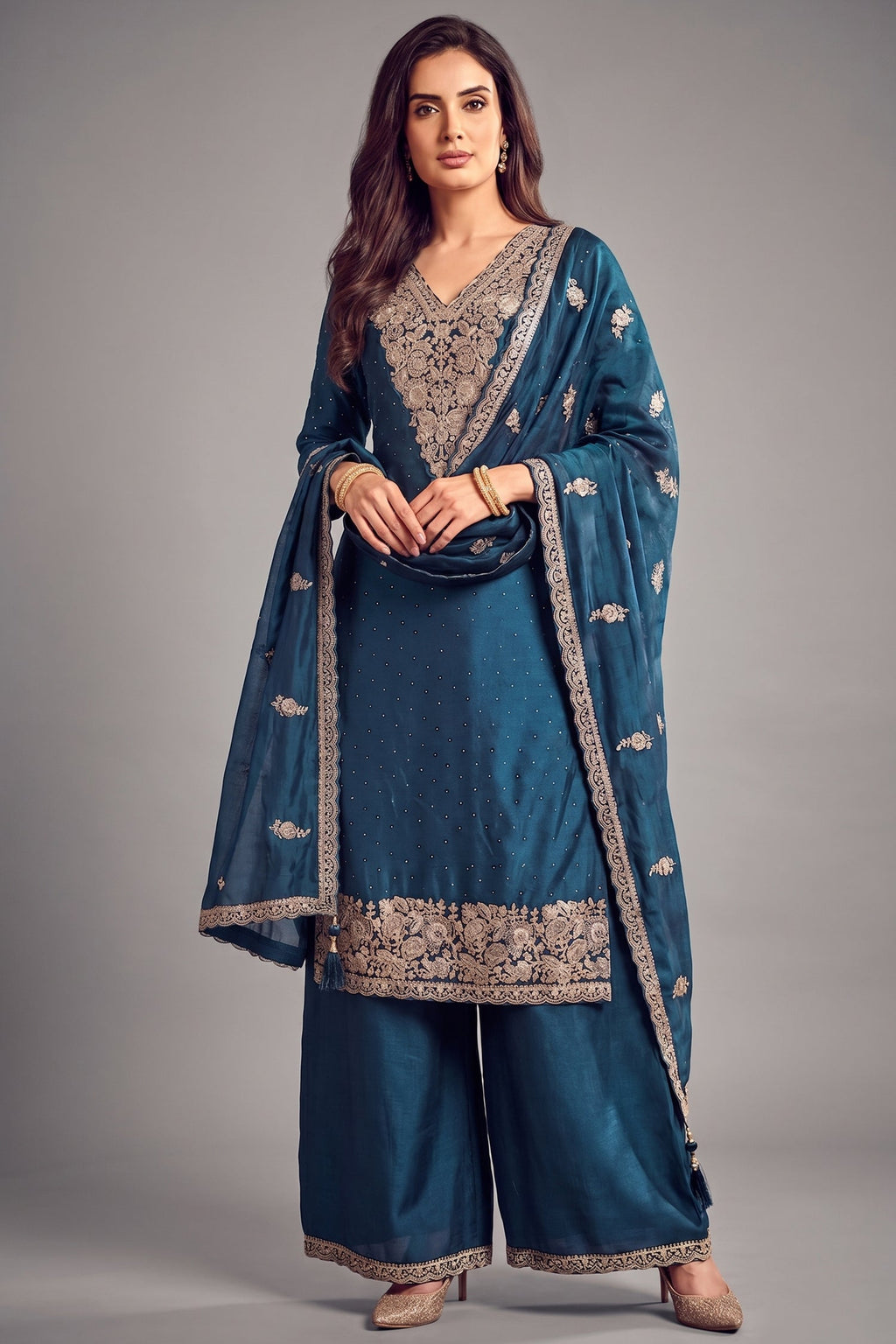 Rama blue art silk embroidered palazzo suit with matching dupatta
