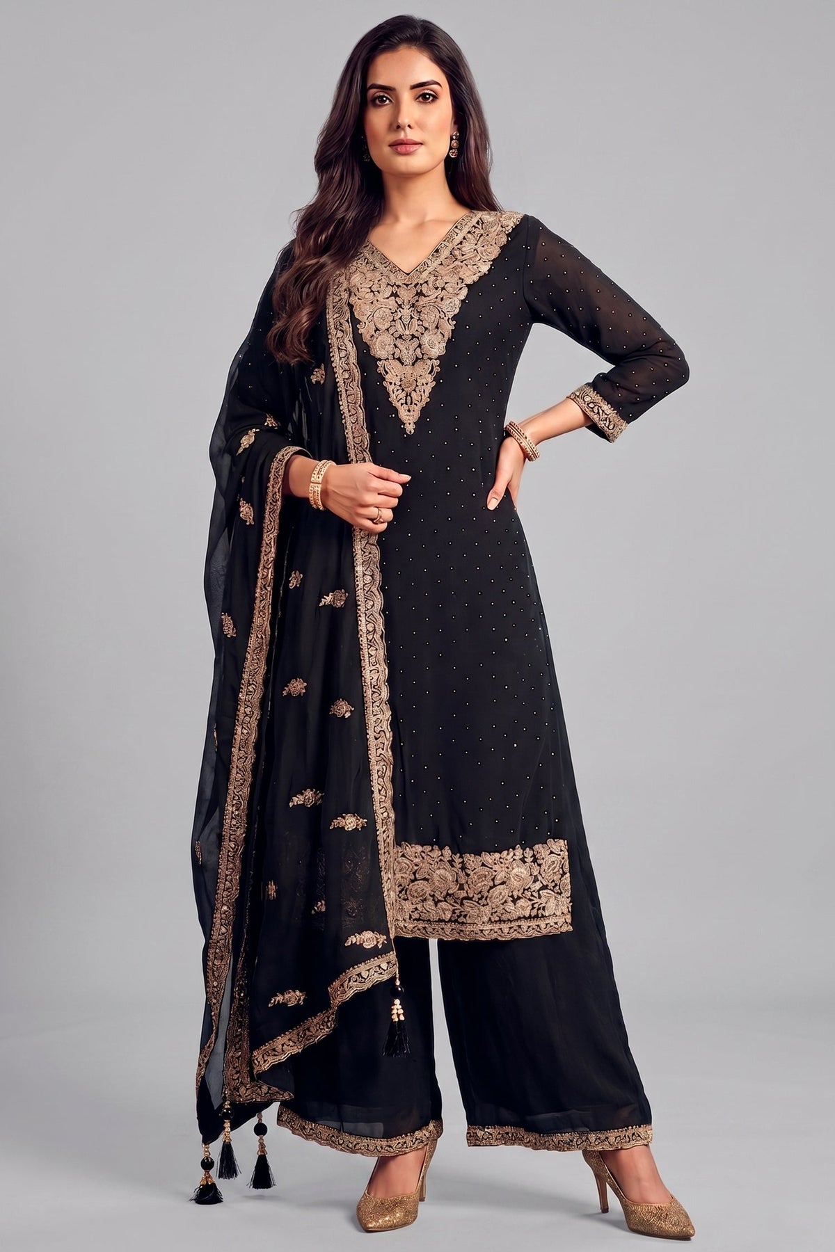Black art silk floral embroidered palazzo suit with antique silver work