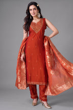 Rust orange mirror embroidered straight cut suit with banarasi dupatta