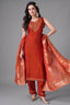 Rust orange mirror embroidered straight cut suit with banarasi dupatta