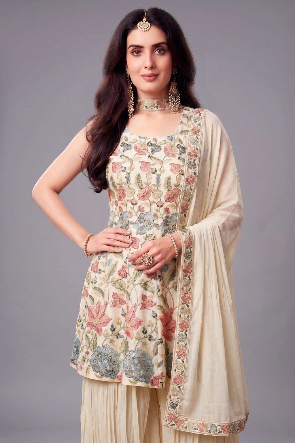 cream chinon chiffon suit back view with sequin and embroidery work