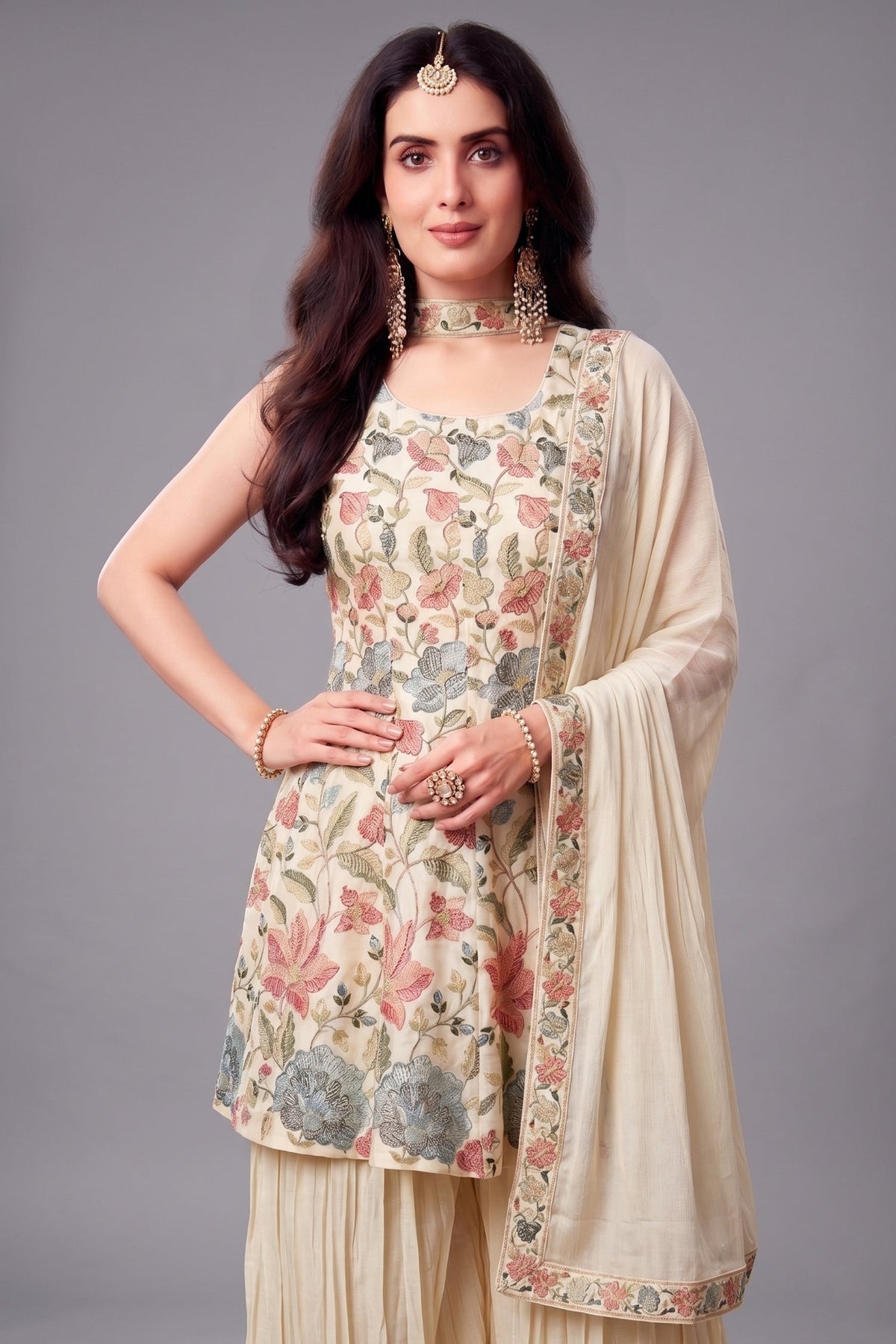 cream chinon chiffon suit back view with sequin and embroidery work