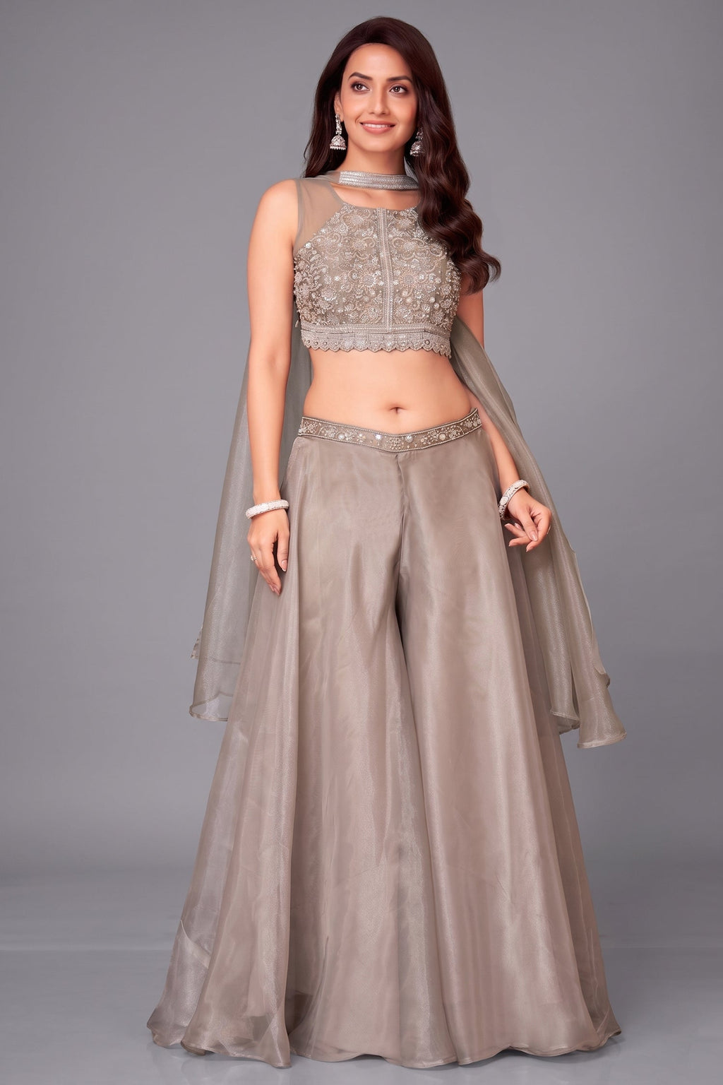 Grey Organza Sequin Crop Top Palazzo Set front view
