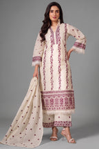 Off White Cotton Embroidered Straight Cut Suit front view fabric details